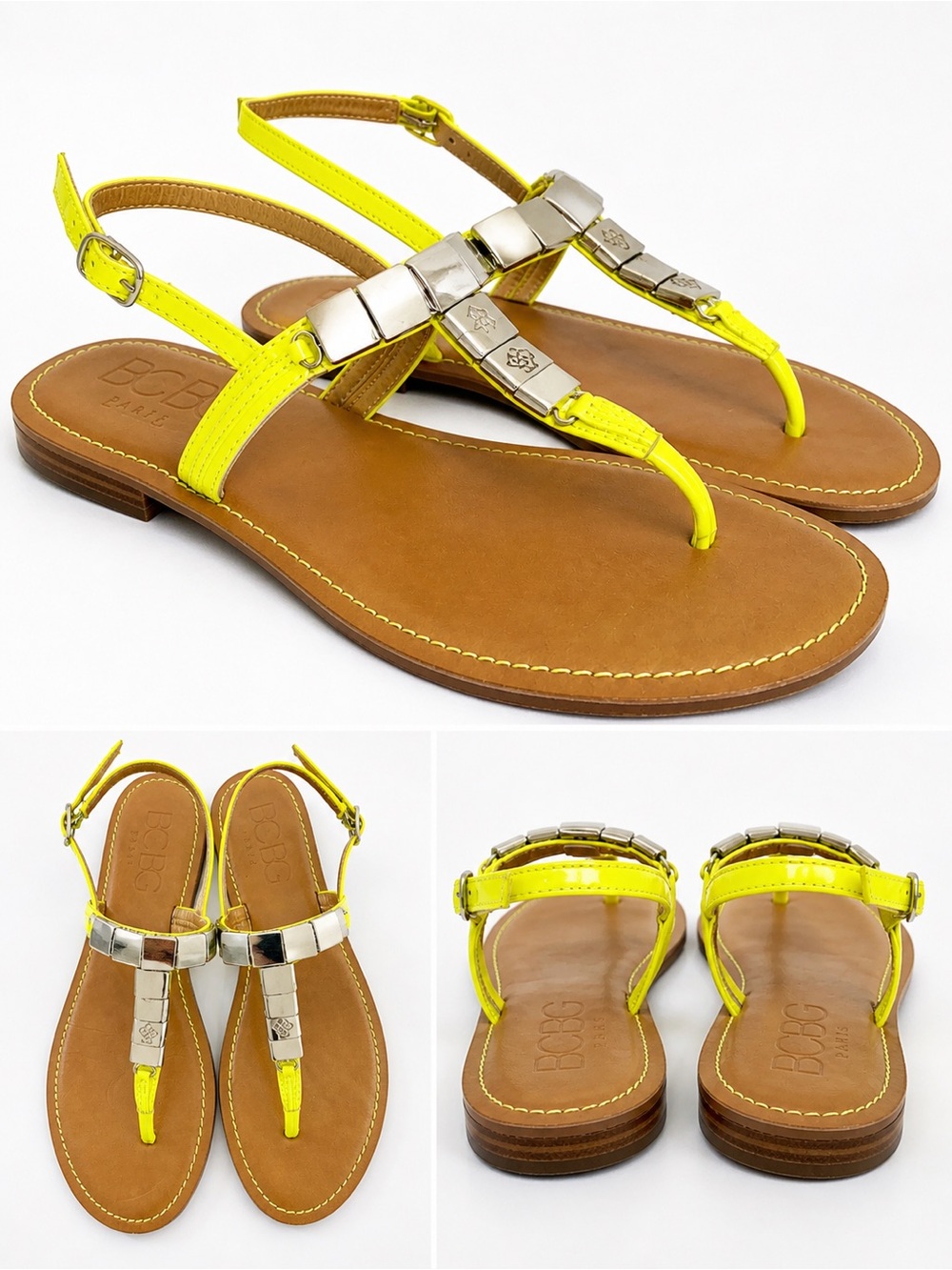Neon Yellow T-Strap Sandals BCBG Paris Silver Detail Summer Flats 7.5